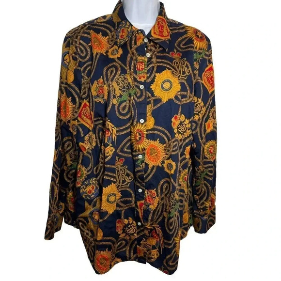Lauren Ralph Lauren Women's Equestrian Crest Logo All Over Print shirt size 2X - Picture 1 of 8